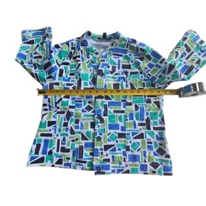Blue and Green Casual Button Down Shirt with Geometric Pattern